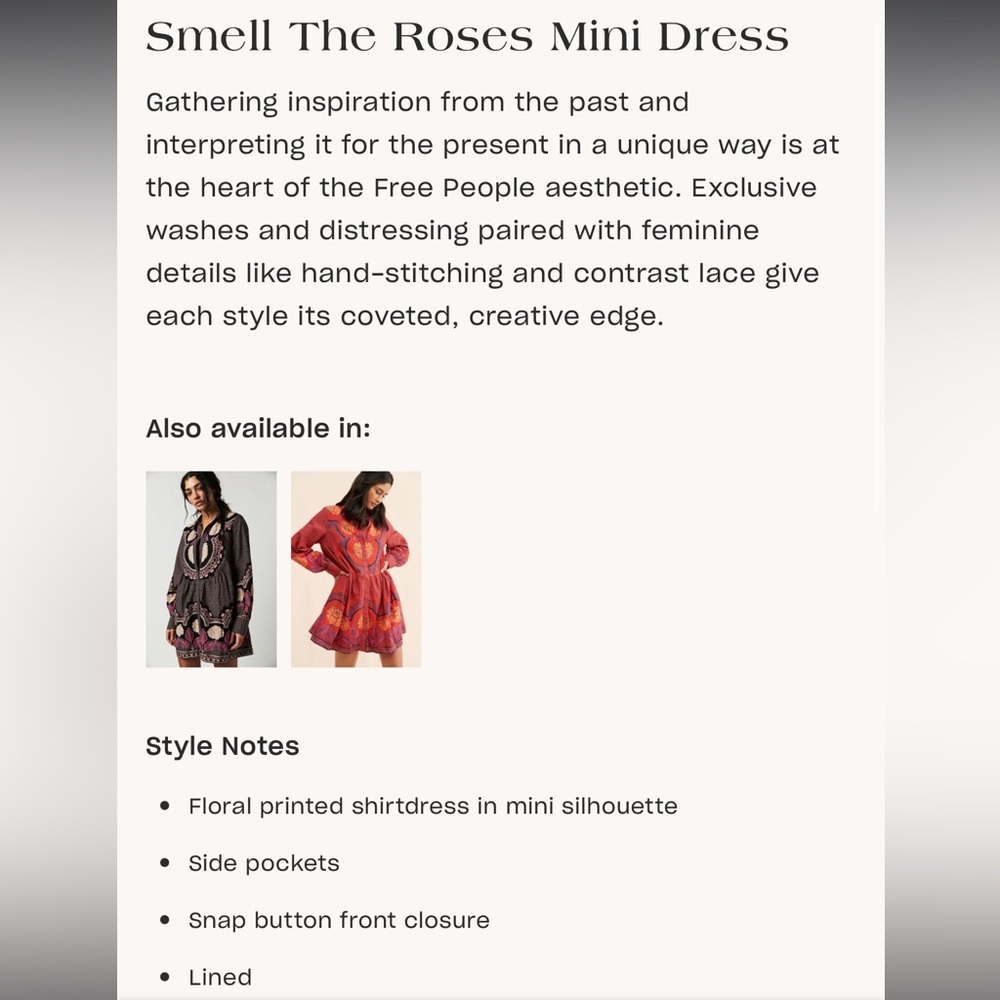 🆕Free People ‘Smell The Roses’ Button Down Mini Shirt Dress Sz M - Picture 13 of 13